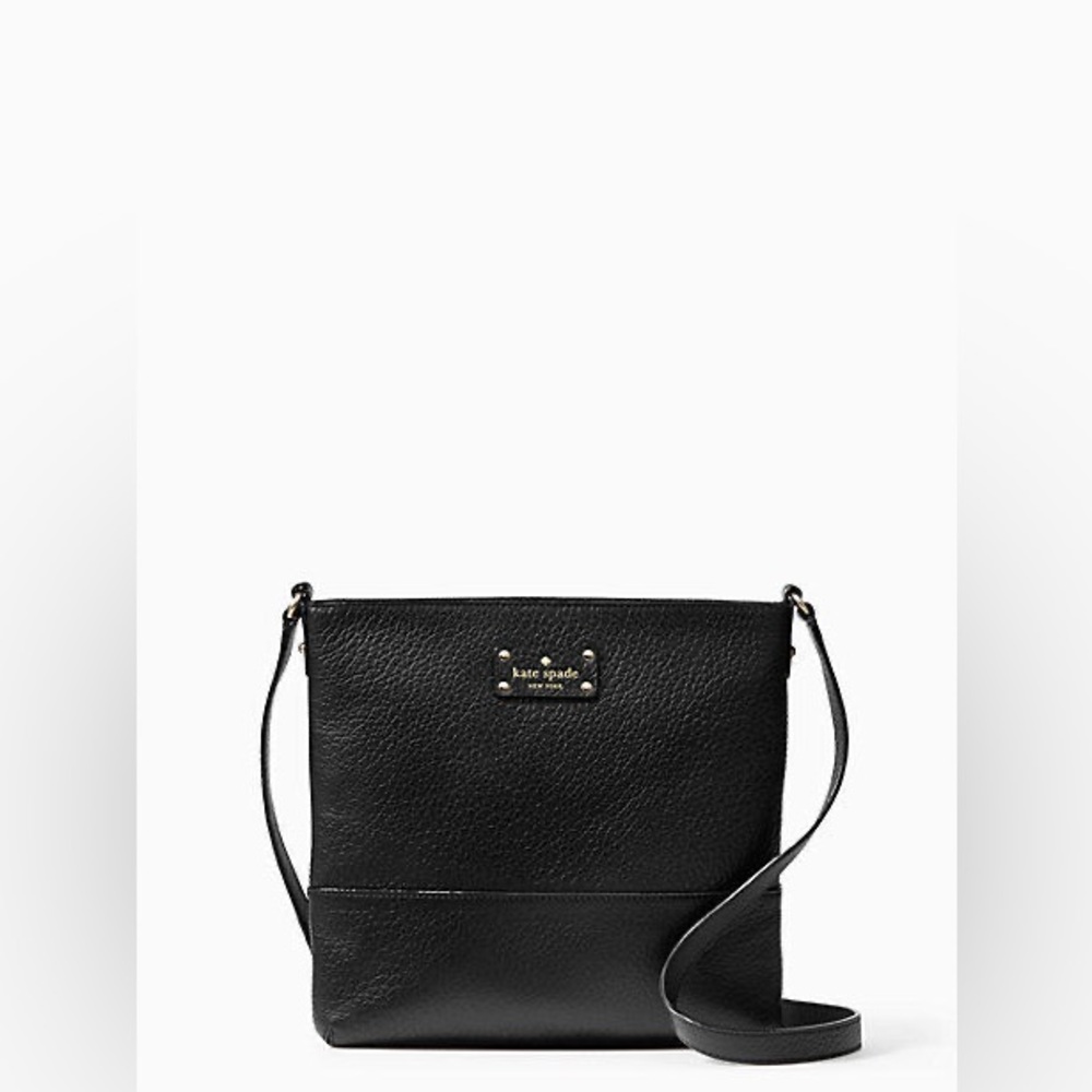 Kate Spade Black Leather Zip-Front Shoulder Bag with Adjustable Strap. New
